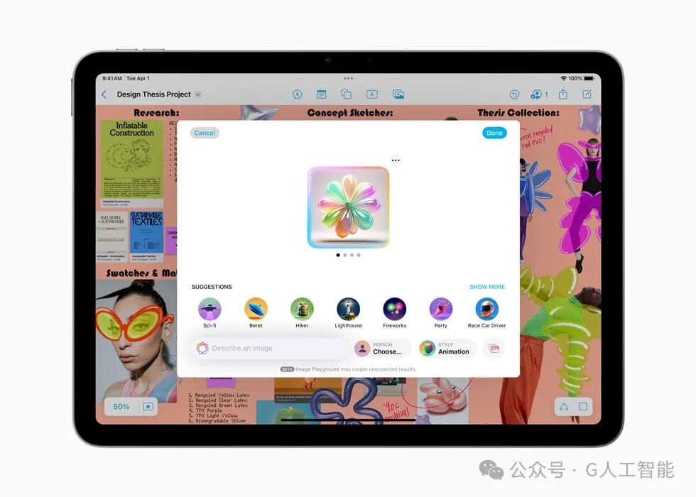 Image Playground 显示在配备 M3 的新款 iPad Air 上。