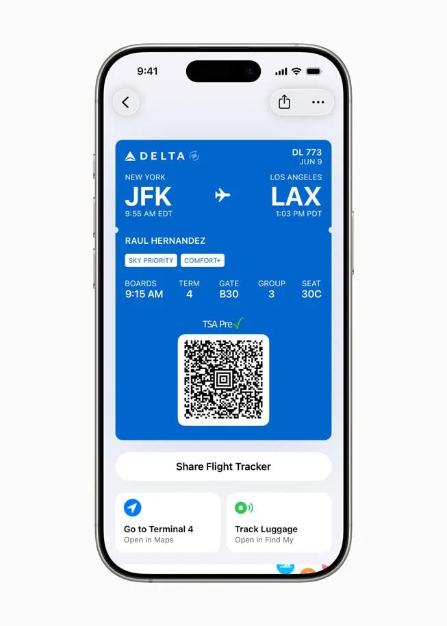 iPhone 16 Pro 的「銀包」app 展示用户登機證,上面顯示「地圖」和「尋找」的連結。