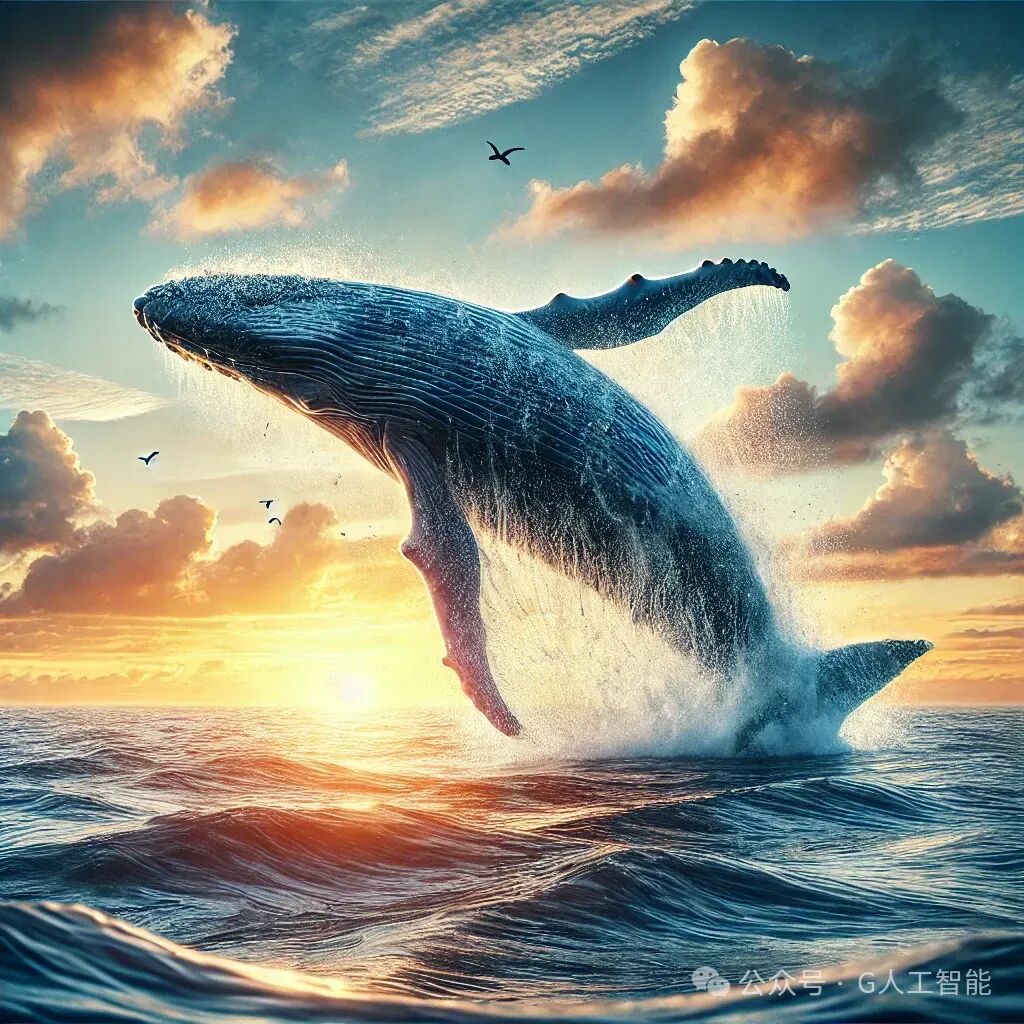 A majestic blue whale breaching the ocean surface, soaring into the air with a powerful splash. The scene captures the whale mid-jump, with water droplets cascading off its massive body. The backdrop features a stunning sunset over the horizon, casting golden hues across the sky and reflecting on the water. The ocean waves ripple from the whale’s impact, creating a dynamic and awe-inspiring moment.