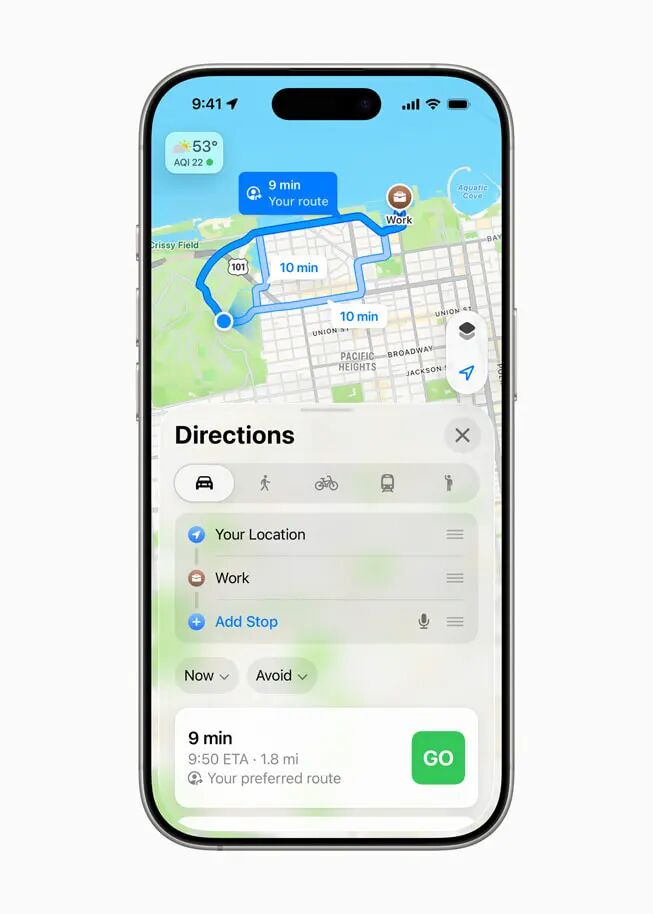 一台 iPhone 16 Pro 的地图 app 里显示着用户首选的上班路线。