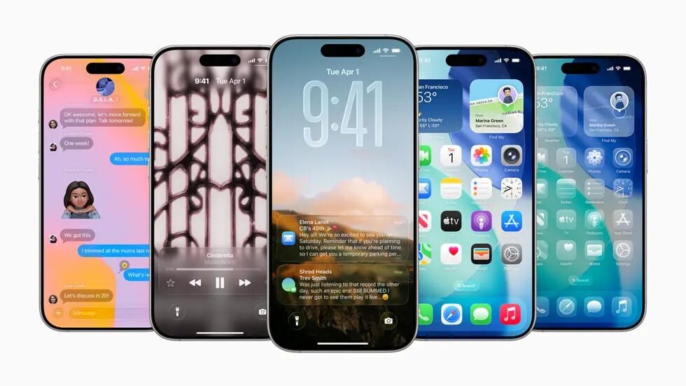 五台 iPhone 16 设备显示着 iOS 26 的更新。