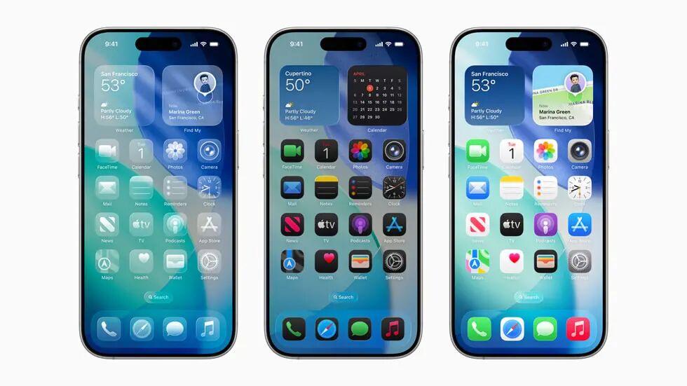 三部 iPhone 16 Pro 裝置上展示全新設計的「Liquid Glass」。