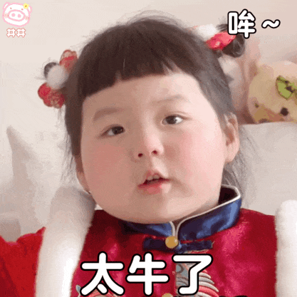 可爱小女孩太牛了表情包可爱小女孩穿着喜庆服装,表情惊讶配文“太牛了”表情包图片gif动图- 求表情网,斗图从此不求人!