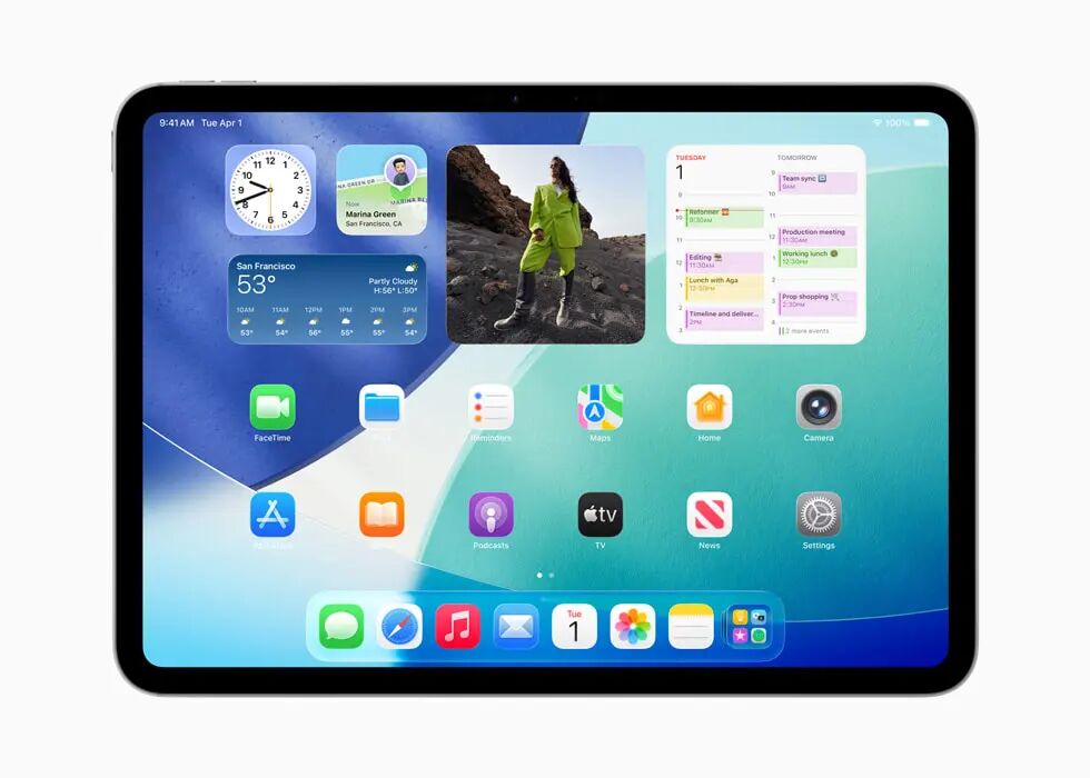 iPadOS 26 采用 Liquid Glass 设计的新主屏幕体验。